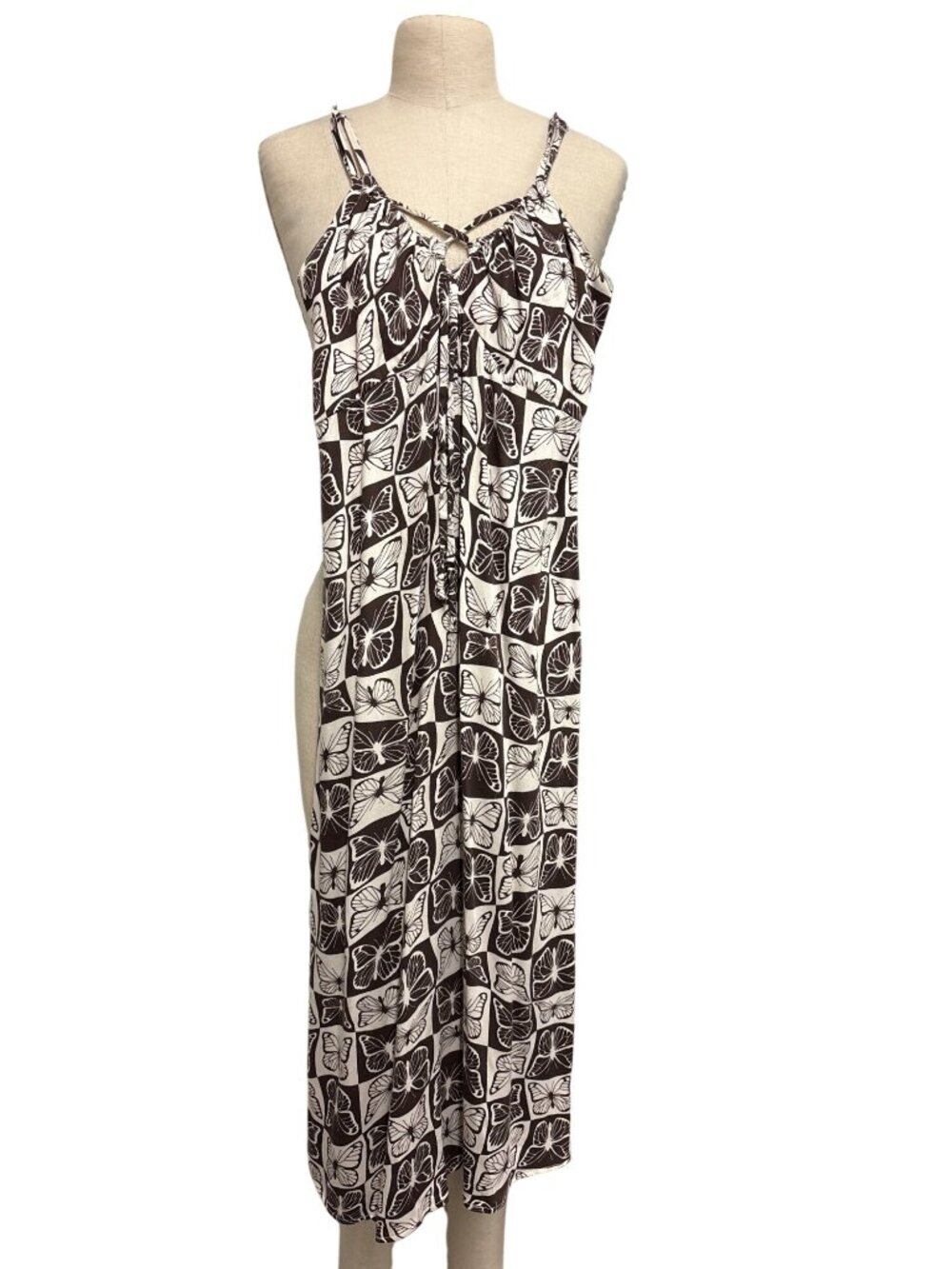 Butterfly Print Rayon Maxi Dress With Keyhole Front & Adjustable Straps - XS